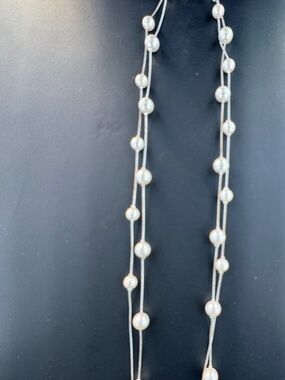 Double Strand Floating Faux Pearl Necklace Silver Foxtail Chain Princess Length